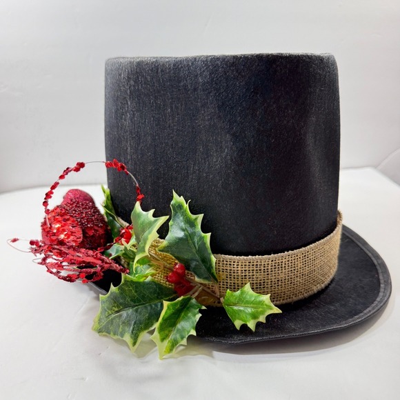 Christmas Vintage Top Hat Steampunk Decorative Black Felt Burlap Holly Red Bird - Picture 12 of 12